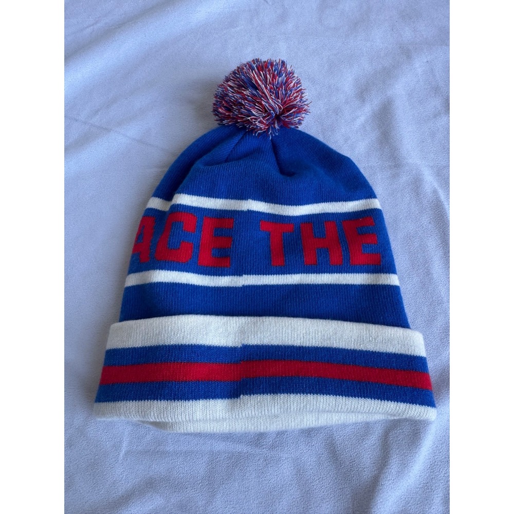 The North Face Pom Beanie Blue Red White Striped Logo Knit Hat Ski Snow Retro